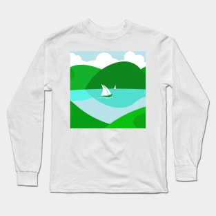 Hills Lake Sailing Boats Summer Day Landscape Long Sleeve T-Shirt